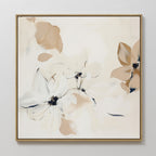 White Whispers Canvas Art displays abstract white and beige flowers with dark centers on a light background, elegantly framed in thin gold—perfect modern wall decor for your living room.