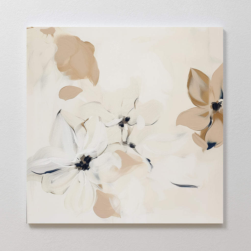 White Whispers Canvas Art features abstract, neutral-toned flowers in beige, cream, and light brown on a pale background. Loose brushstrokes give it a gentle, airy feel—ideal minimalist wall art for tranquil living room decor.