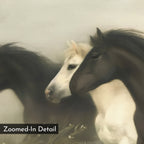 Three horses—white, black, and dark brown—stand close together in a misty, soft-focus scene. Wild Current Canvas Art adds serene elegance to any living room. "Zoomed-In Detail" appears in the lower left corner.