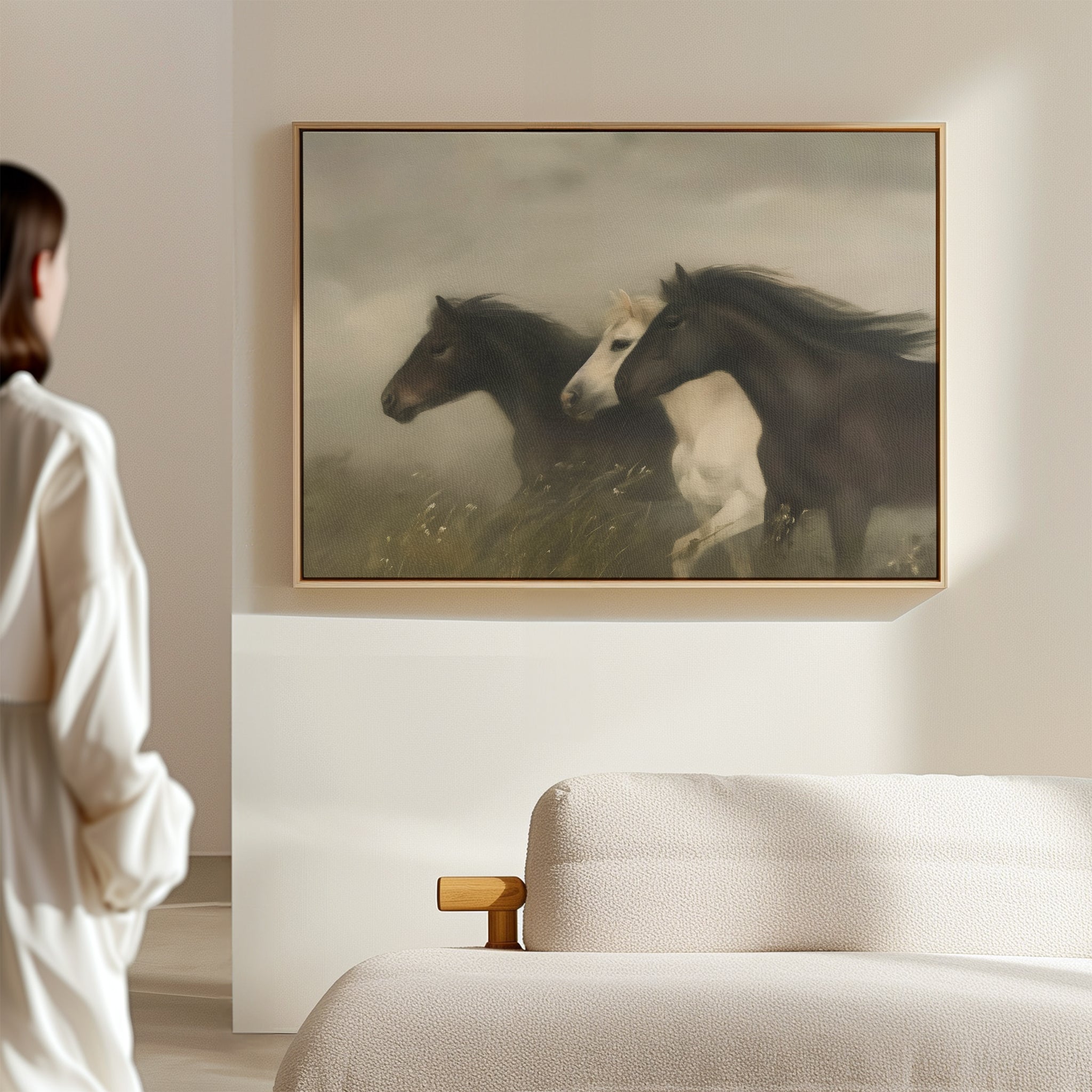 In a softly lit, minimalist room, a person admires the Wild Current Canvas Art featuring three horses running through mist, while a beige couch in the foreground enhances the tranquil living room ambiance.