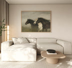 A modern living room with a light beige sectional, wooden coffee table, and Wild Current Canvas Art—framed above the sofa. A potted plant brings greenery near sheer curtains, creating elegant living room decor.