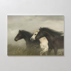 Wild Current Canvas Art depicts three horses—one white between two dark brown—galloping through a misty field, making it perfect minimalist wall art for any modern space.