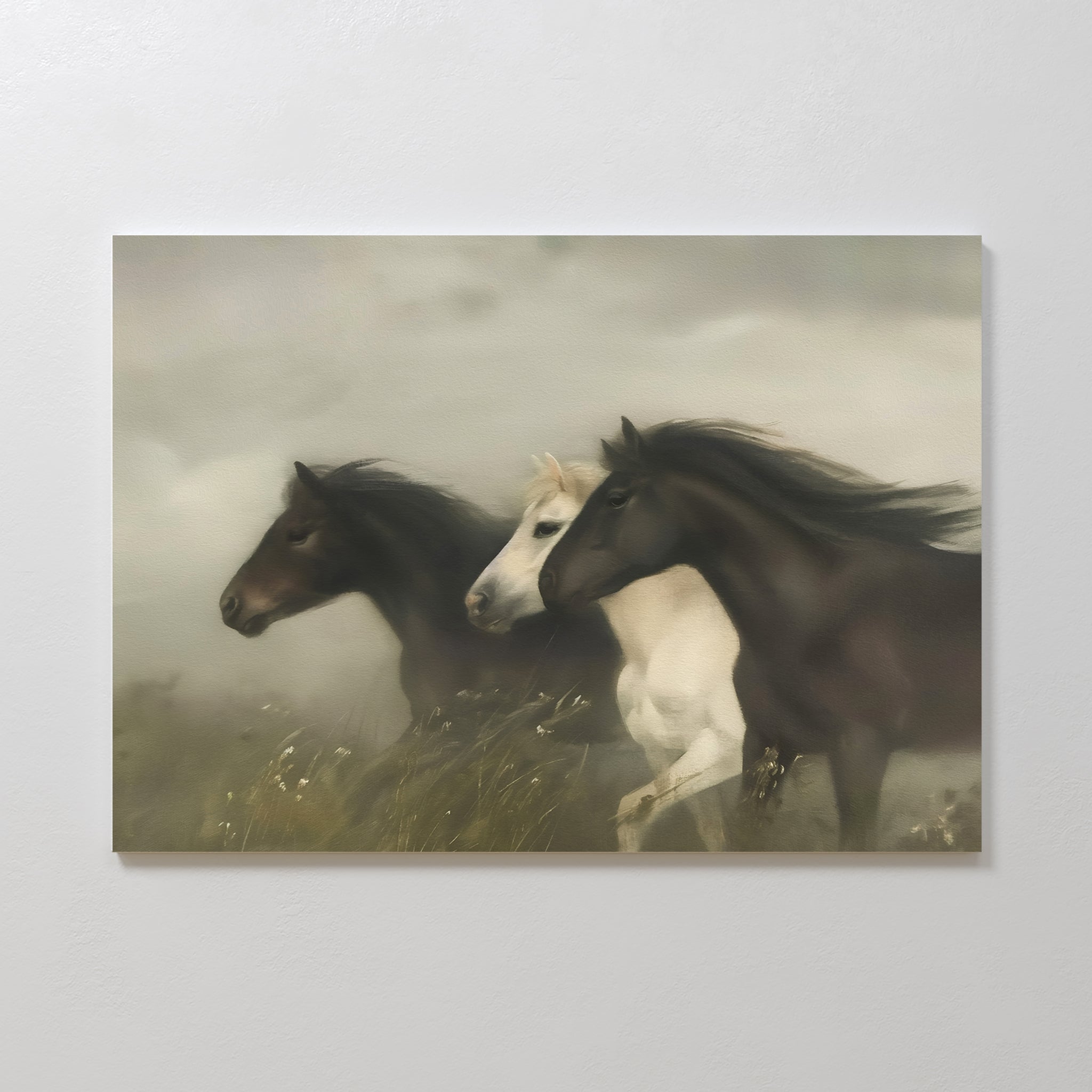 Wild Current Canvas Art depicts three horses—one white between two dark brown—galloping through a misty field, making it perfect minimalist wall art for any modern space.
