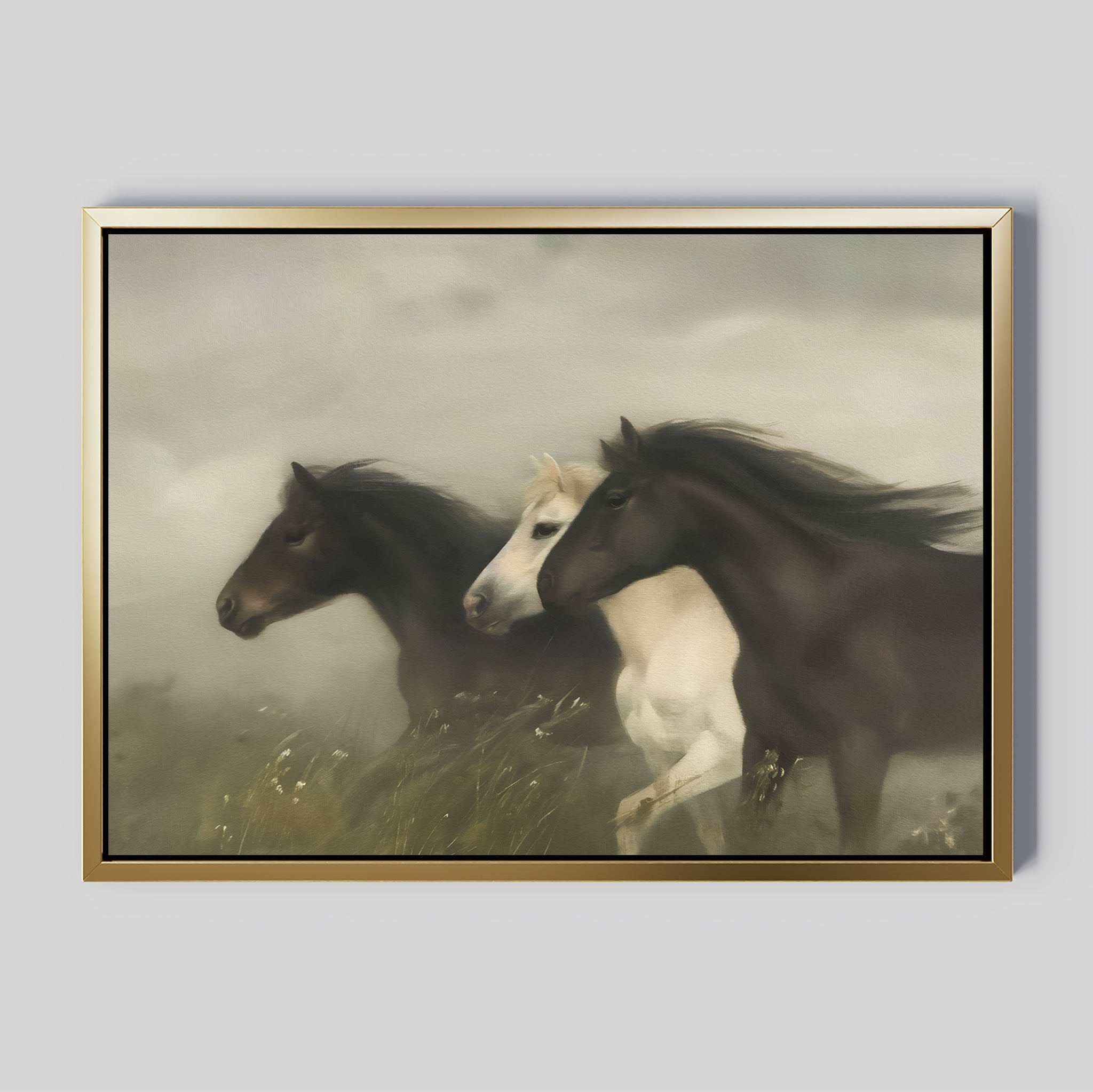 The Wild Current Canvas Art showcases three horses—two dark brown and one white—galloping through a misty field with blurred grass and flowers, making it perfect minimalist wall art for any space.