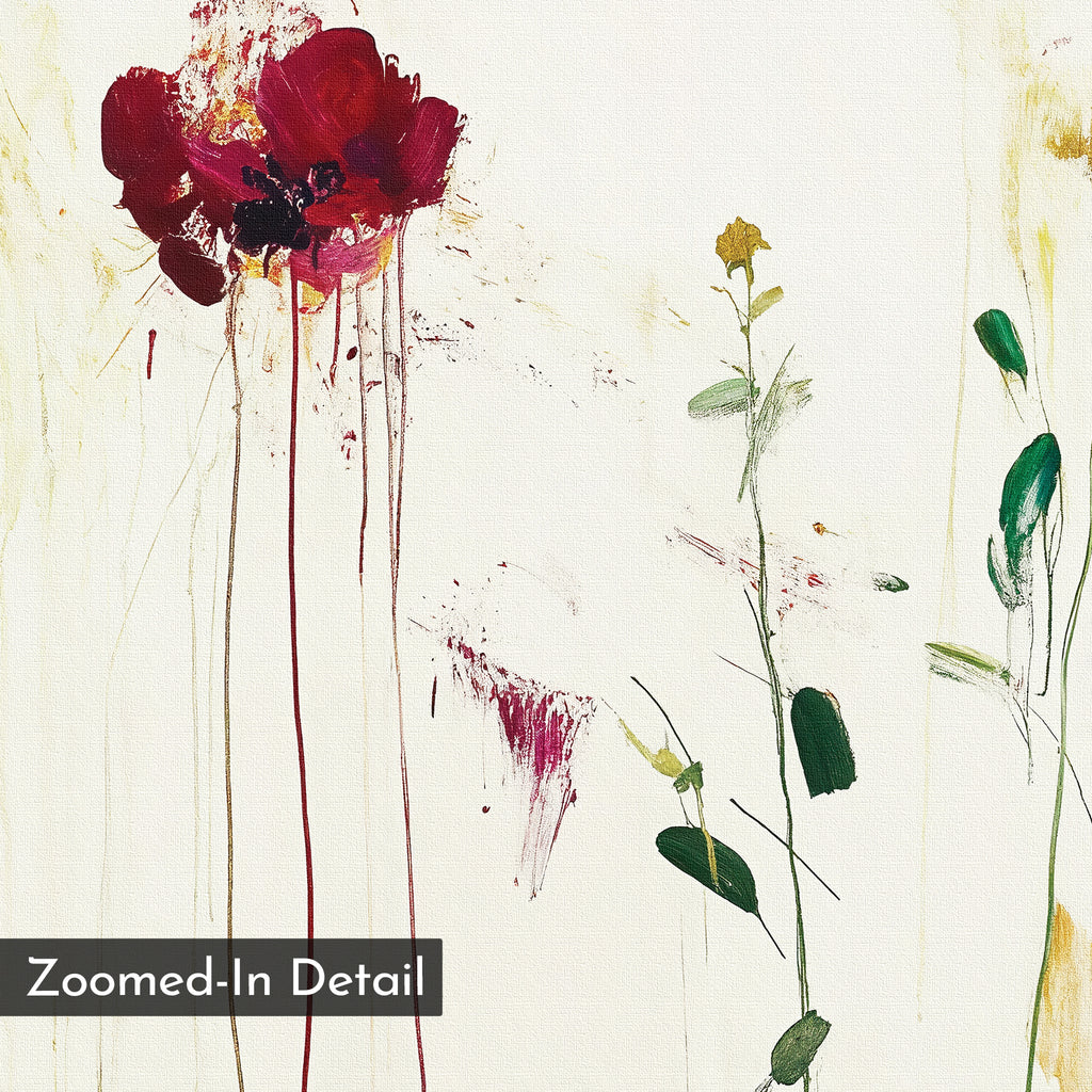 Wild Flower Canvas Art features an abstract scene with red flowers bleeding downward on the left and a green-yellow plant on the right, set against a white background, showcasing a Zoomed-In Detail at the bottom left.