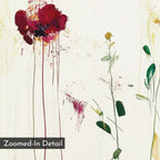 Wild Flower Canvas Art features an abstract scene with red flowers bleeding downward on the left and a green-yellow plant on the right, set against a white background, showcasing a Zoomed-In Detail at the bottom left.