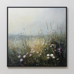 The Wildflowers Canvas Art features a misty meadow with wildflowers and tall grasses in soft, muted tones. This dreamy wall art adds a tranquil touch to your living room and elevates your decor with its hazy sky background.