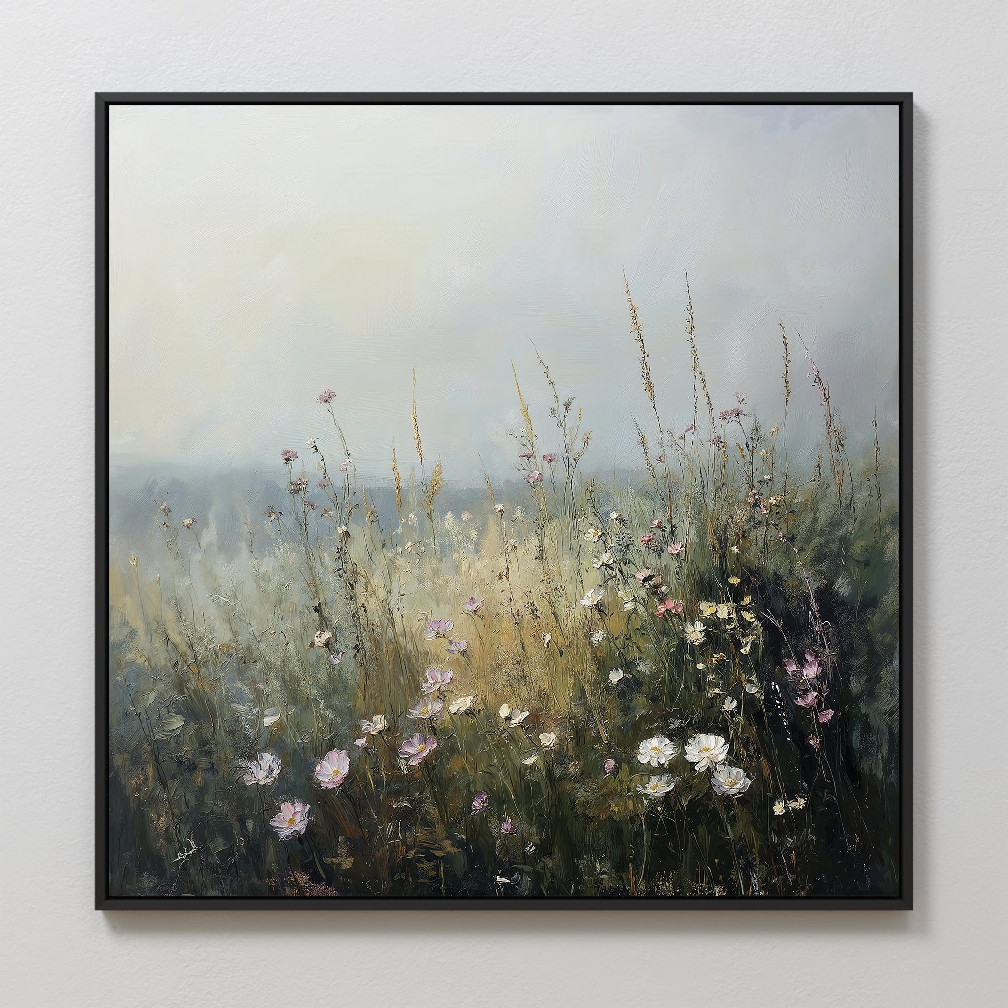 The Wildflowers Canvas Art features a misty meadow with wildflowers and tall grasses in soft, muted tones. This dreamy wall art adds a tranquil touch to your living room and elevates your decor with its hazy sky background.