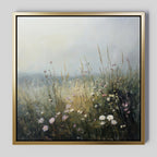 Wildflowers Canvas Art features a misty meadow with tall grasses and delicate wildflowers in soft pastels blending into a hazy sky—perfect large wall art to elevate your living room decor.
