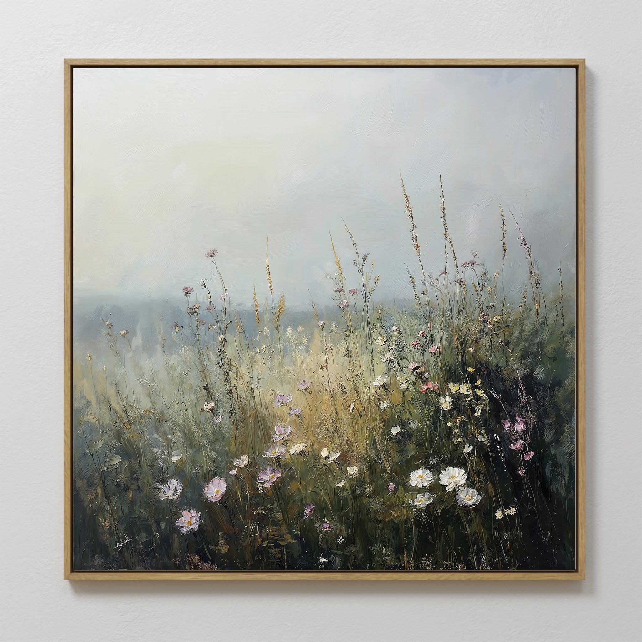 Wildflowers Canvas Art features a misty meadow with wildflowers and tall grasses in soft, muted tones—ideal large wall art to add tranquil, dreamy beauty to your living room decor.