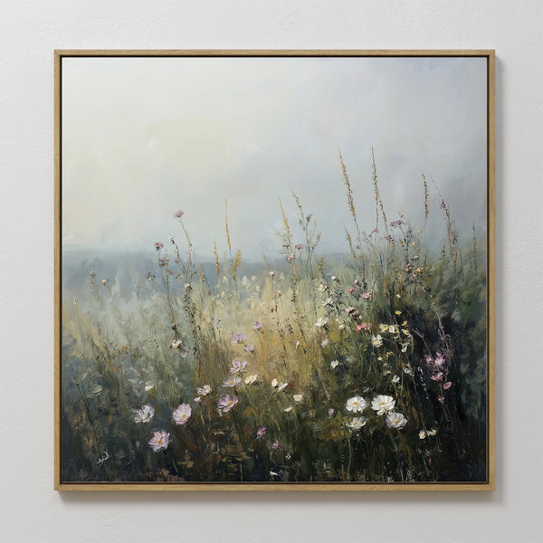 Wildflowers Canvas Art features a misty meadow with wildflowers and tall grasses in soft, muted tones—ideal large wall art to add tranquil, dreamy beauty to your living room decor.