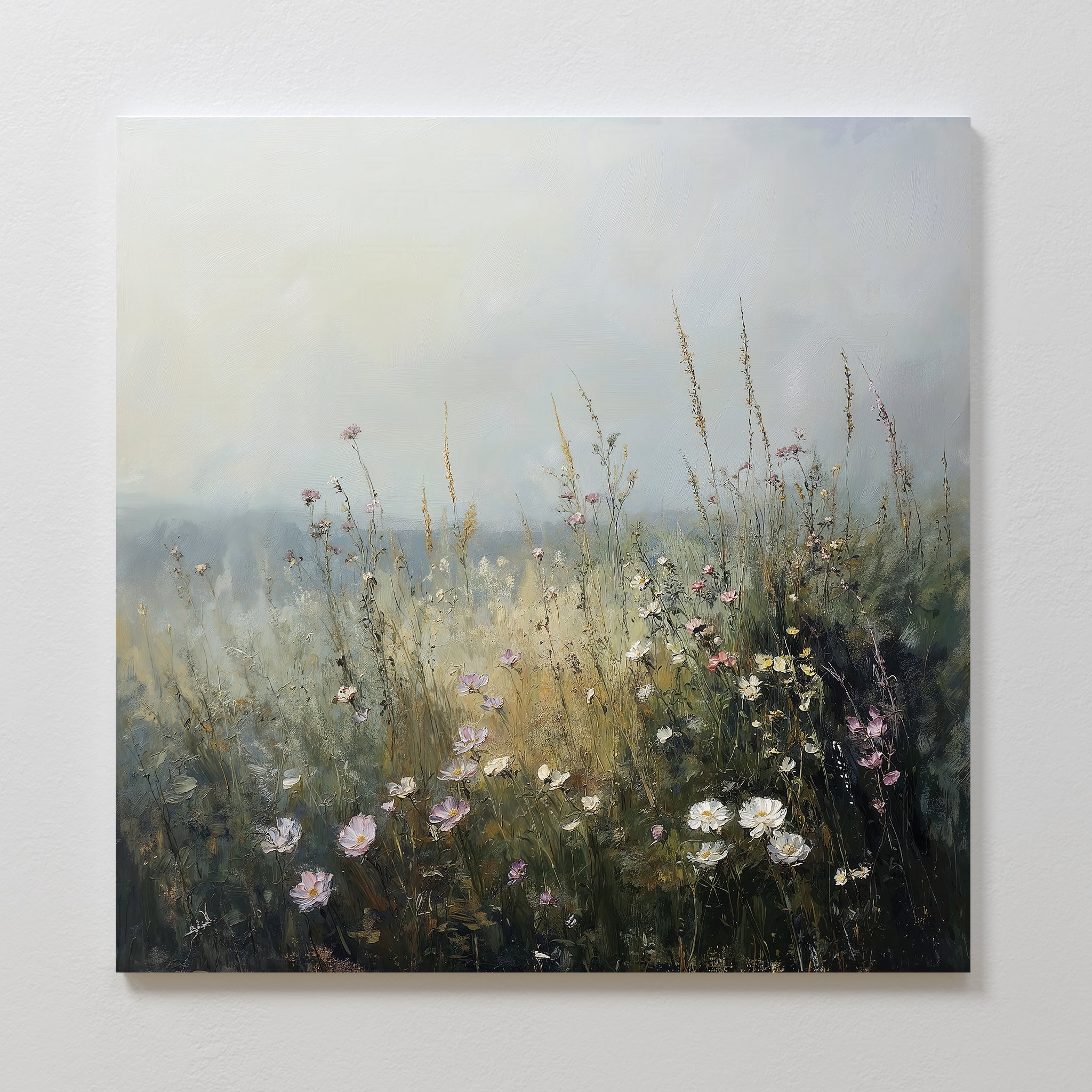 Wildflowers Canvas Art features a misty meadow with tall grasses and soft wildflowers—perfect as large wall art to create a peaceful, dreamy vibe in your living room decor.