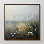 The Wildflowers Canvas Art features a misty wildflower meadow with tall grasses and delicate blooms beneath a hazy sky, adding serene, impressionistic style to your living room decor.