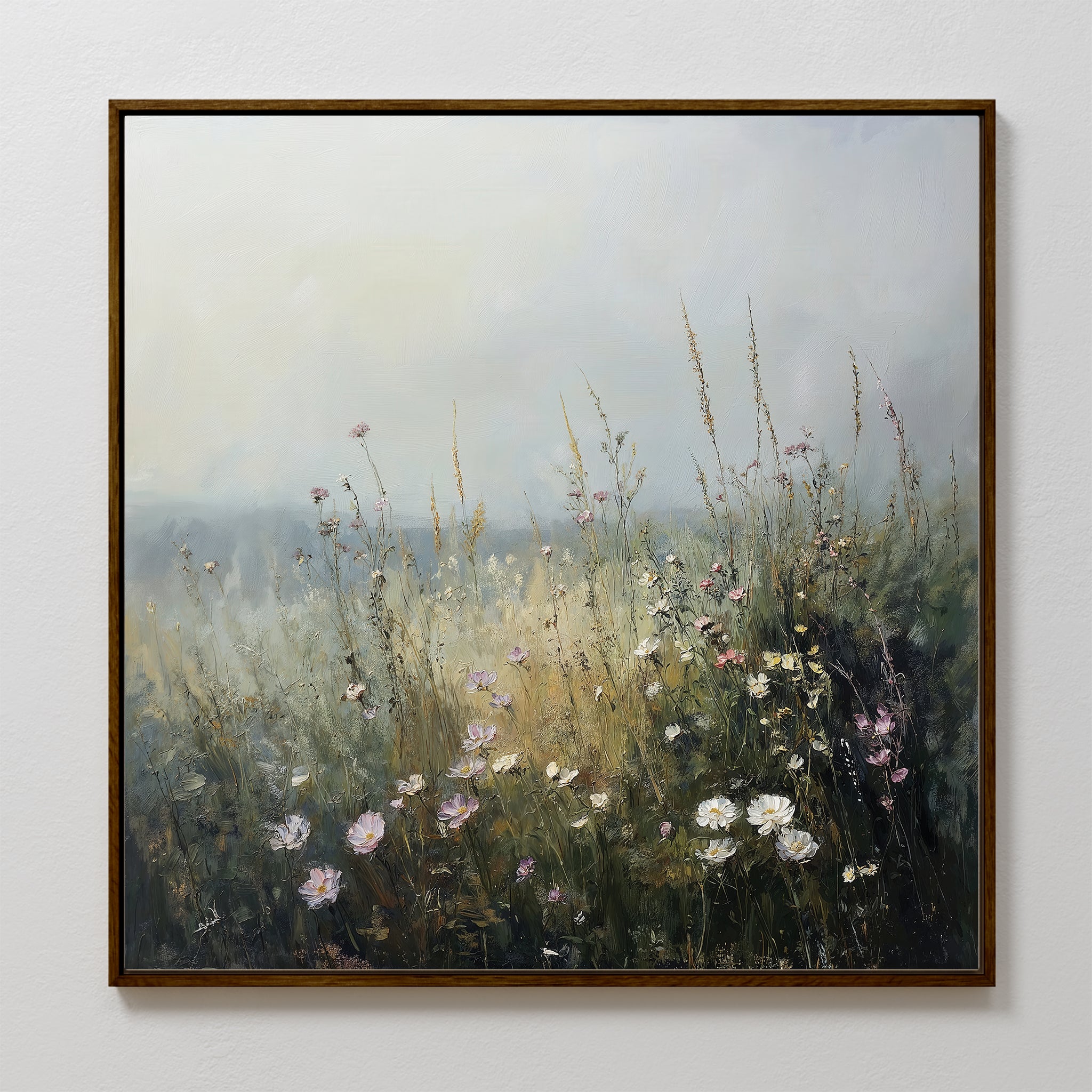 The Wildflowers Canvas Art features a misty wildflower meadow with tall grasses and delicate blooms beneath a hazy sky, adding serene, impressionistic style to your living room decor.