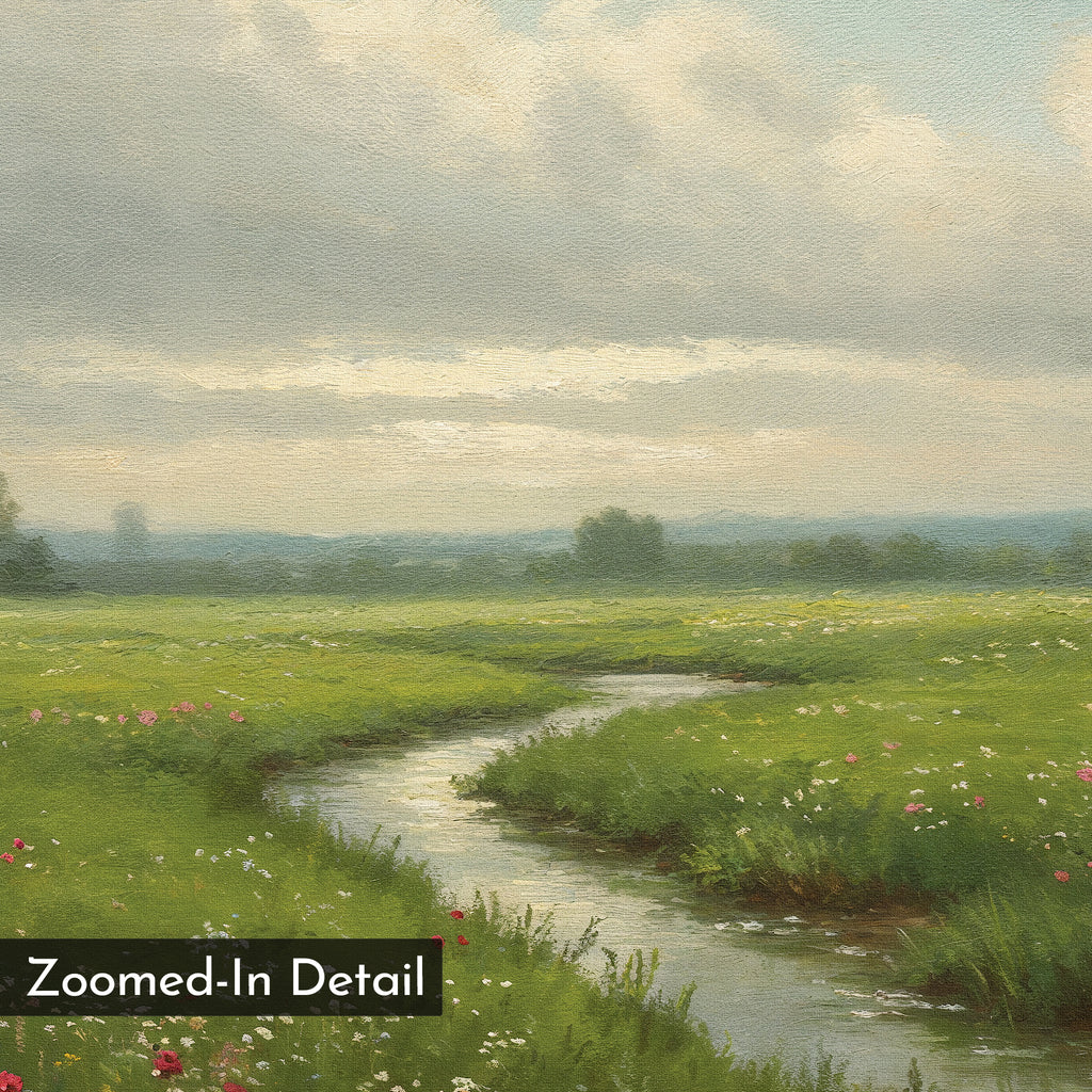 A close-up of Winding Stream Canvas Art reveals a serene green landscape with a winding stream, grassy fields, wildflowers, and a cloudy sky. The phrase "Zoomed-In Detail" appears in the bottom left corner.