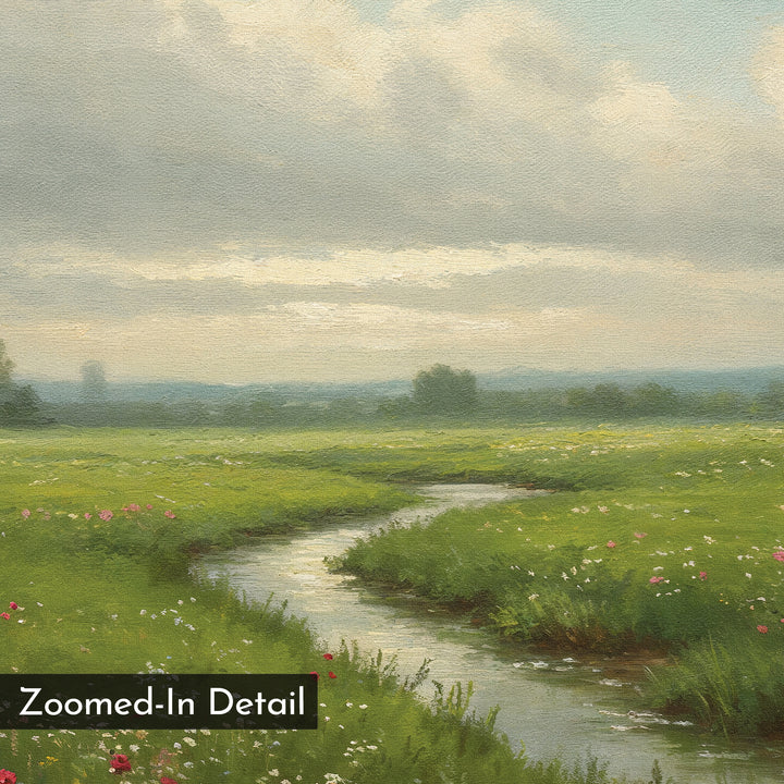 A close-up of Winding Stream Canvas Art reveals a serene green landscape with a winding stream, grassy fields, wildflowers, and a cloudy sky. The phrase "Zoomed-In Detail" appears in the bottom left corner.