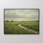 Winding Stream Canvas Art: A framed green landscape print featuring a grassy meadow, wildflowers, and a winding stream beneath a partly cloudy sky—ideal minimalist wall art for any light-colored room.