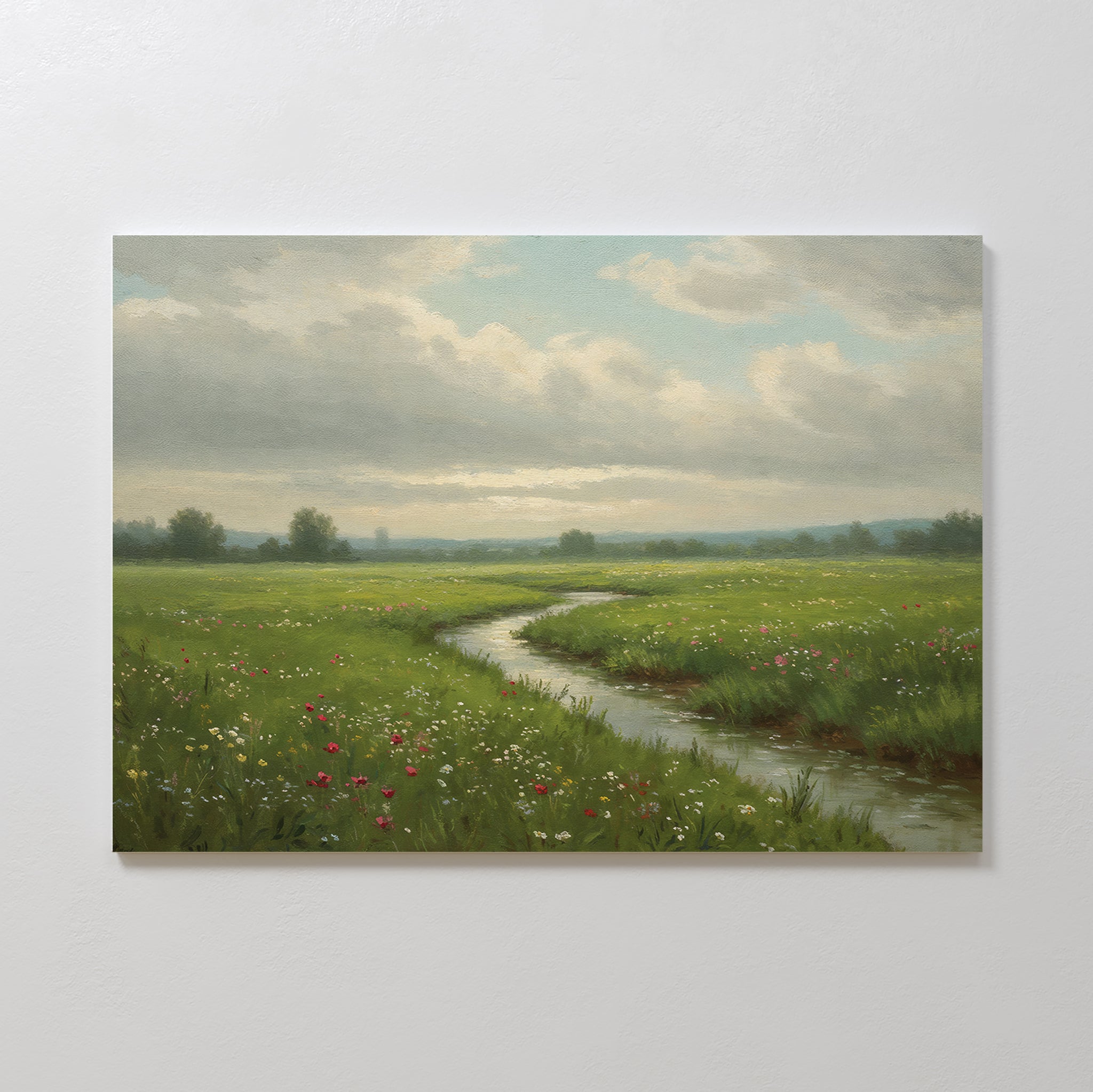 The Winding Stream Canvas Art features a green landscape with a grassy field, wildflowers, and a winding stream under cloudy skies. Minimalist trees appear in the distance, bringing serenity to any space when mounted on light-colored walls.