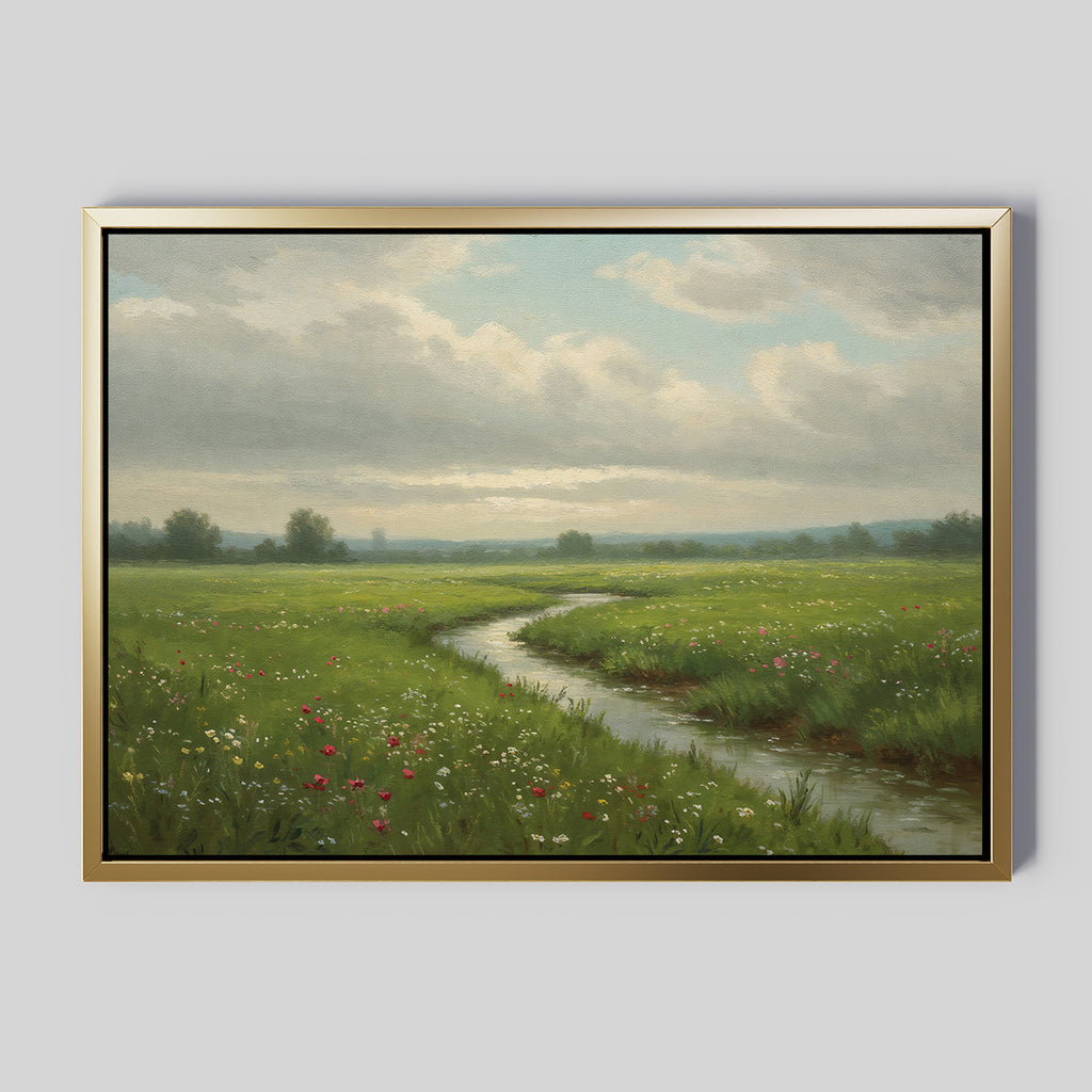 The Winding Stream Canvas Art features a framed green landscape with a serene stream flowing through a wildflower meadow under partly cloudy skies—an ideal large wall art piece for minimalist spaces.