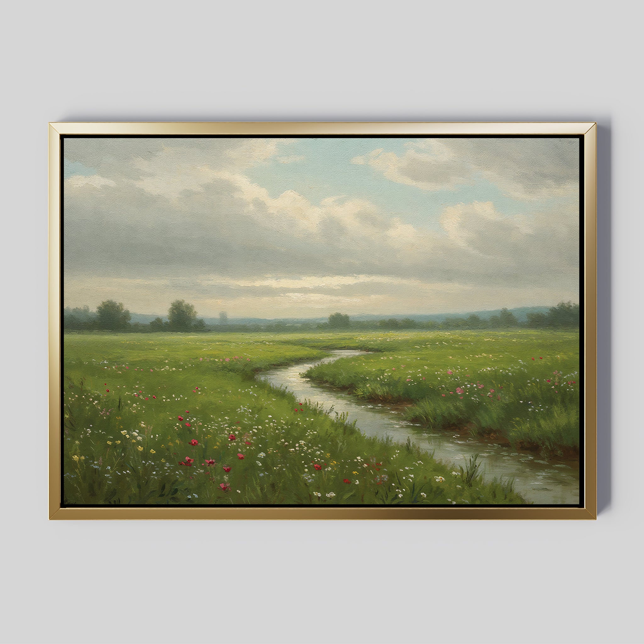 The Winding Stream Canvas Art features a framed green landscape with a serene stream flowing through a wildflower meadow under partly cloudy skies—an ideal large wall art piece for minimalist spaces.