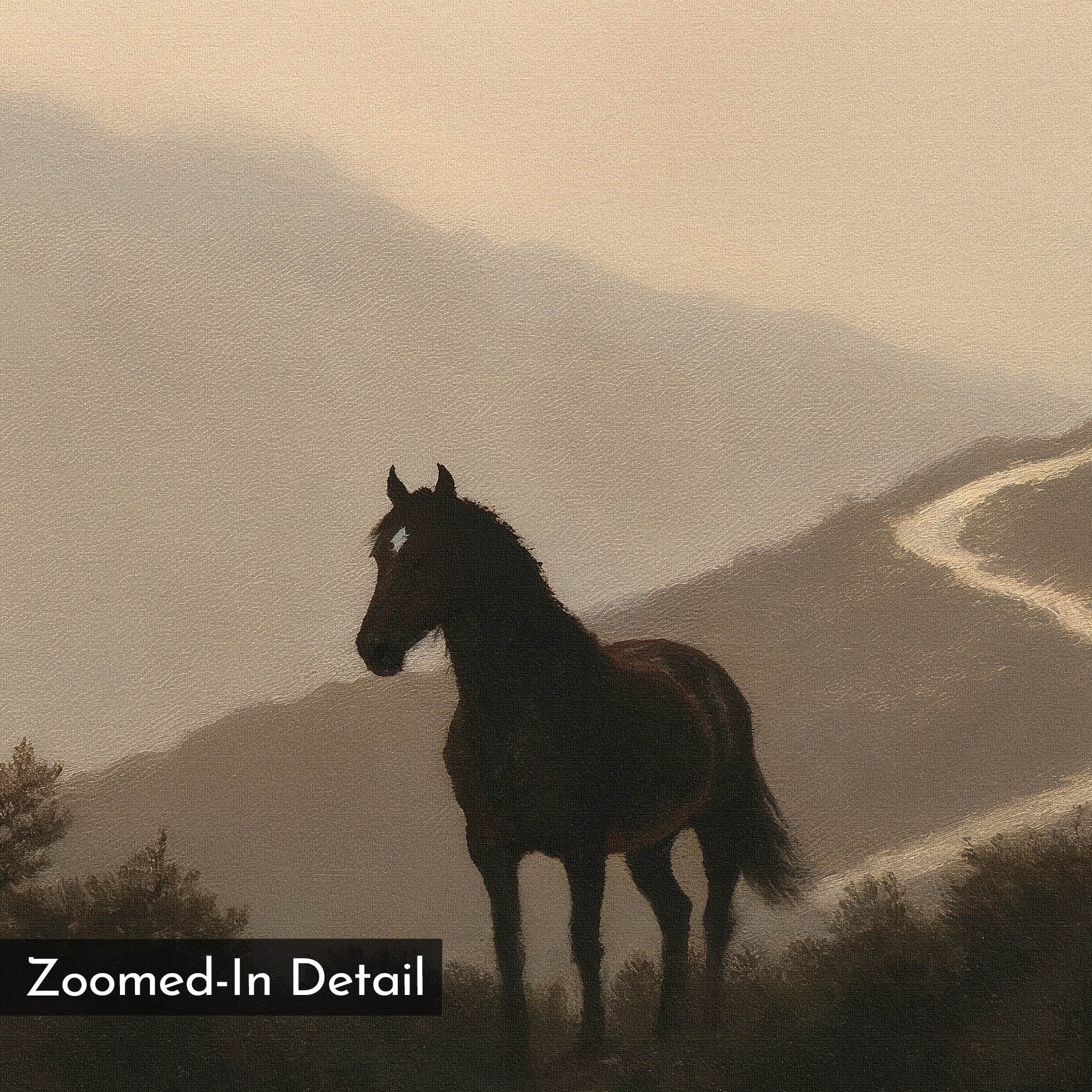 A dark horse stands in silhouette against misty, rolling hills with a winding path behind, captured in a soft, painted style. Atmospheric and evocative, this wall art is titled "Winding Trail Canvas Art." A label reads: Zoomed-In Detail.