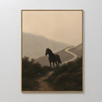 Winding Trail Canvas Art features a lone black horse on a dirt path through misty mountains in soft, muted tones—an atmospheric nature piece ideal for enhancing your space.