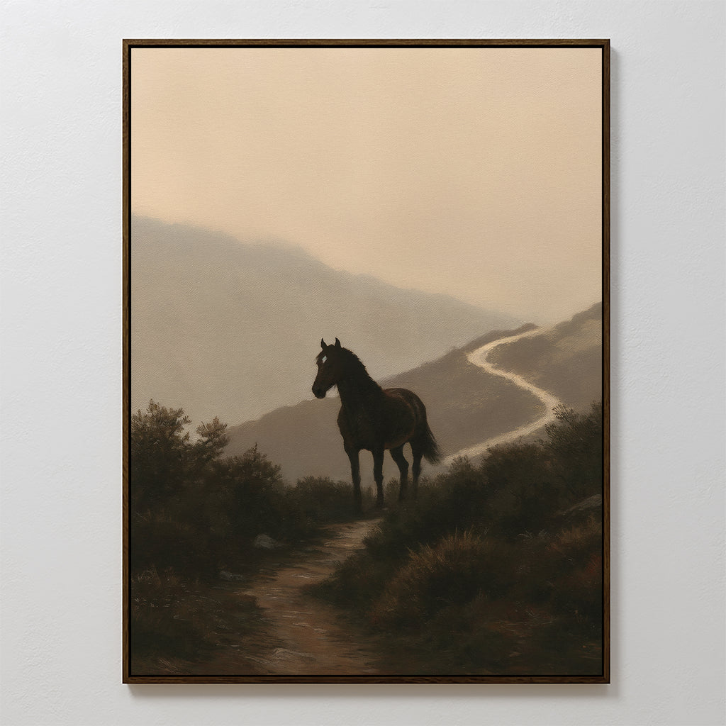 The Winding Trail Canvas Art features a horse on a winding path in a misty, mountainous landscape with muted earthy tones—an ideal framed piece for fans of atmospheric nature décor.