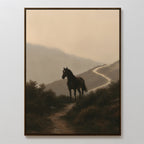 The Winding Trail Canvas Art features a horse on a winding path in a misty, mountainous landscape with muted earthy tones—an ideal framed piece for fans of atmospheric nature décor.