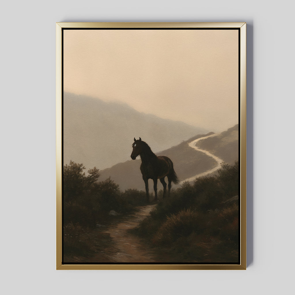 The Winding Trail Canvas Art features a dark horse on a misty mountain path, rendered in soft, muted tones for a serene look—ideal as horse wall art to bring calm and beauty to any space.
