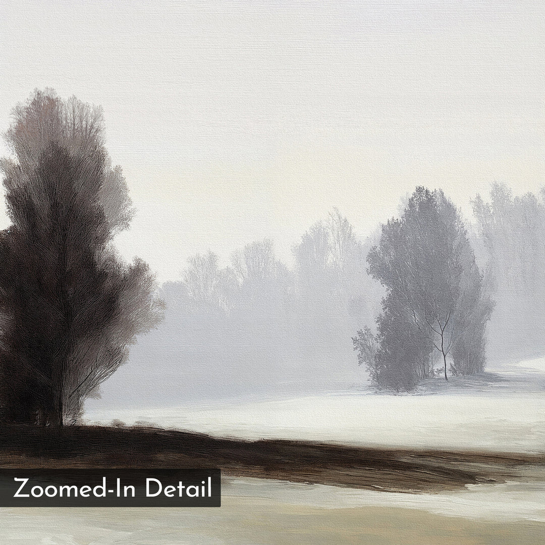 Winter Dusk Canvas Art features a misty winter landscape with snow-covered ground, bare trees, and a hazy sky in soft gray and brown hues. Minimalist and tranquil, it includes a corner label reading “Zoomed-In Detail.”.