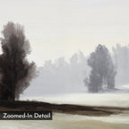 Winter Dusk Canvas Art features a misty winter landscape with snow-covered ground, bare trees, and a hazy sky in soft gray and brown hues. Minimalist and tranquil, it includes a corner label reading “Zoomed-In Detail.”.
