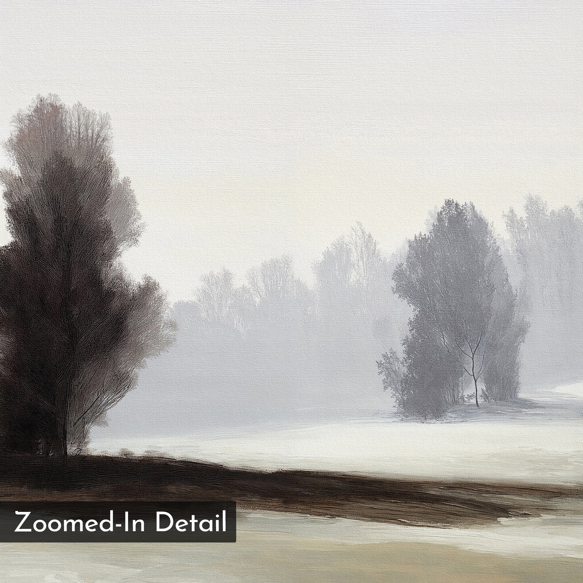 Winter Dusk Canvas Art features a misty winter landscape with snow-covered ground, bare trees, and a hazy sky in soft gray and brown hues. Minimalist and tranquil, it includes a corner label reading “Zoomed-In Detail.”.