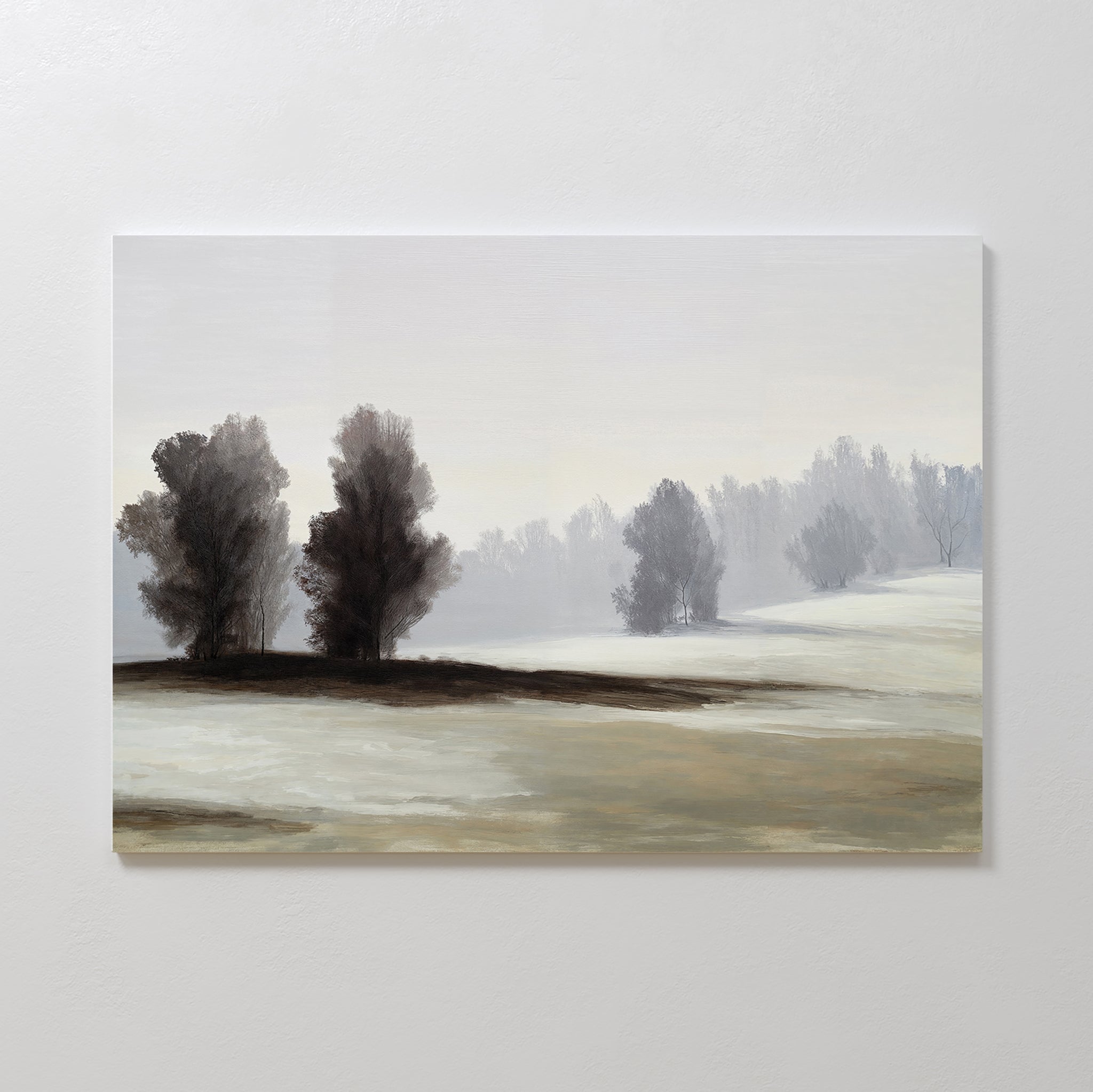 Winter Dusk Canvas Art features a misty landscape with snowy hills, clusters of trees, and a pale gray sky—ideal minimalist wall art for serene, neutral decor.