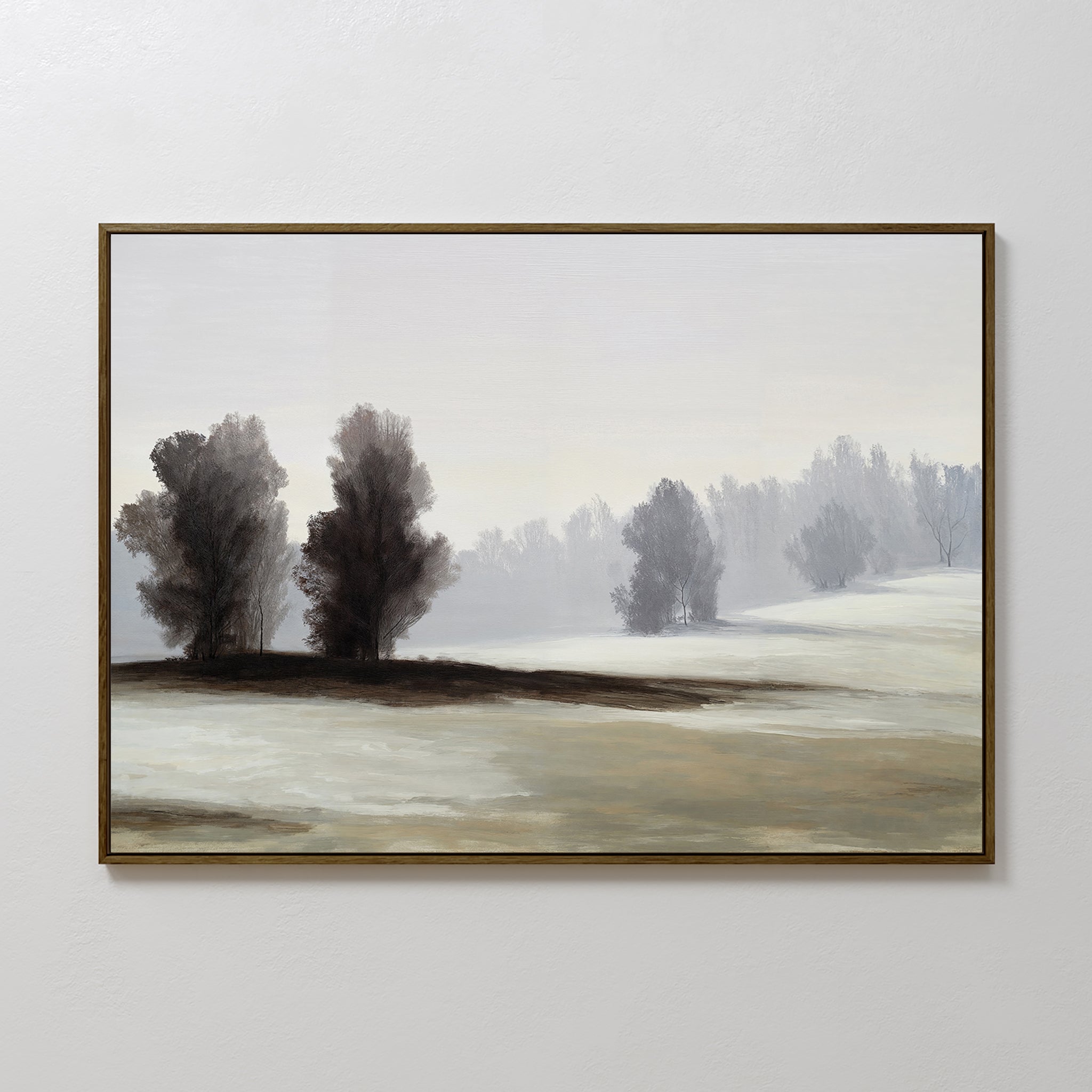 Winter Dusk Canvas Art: a framed painting of a serene winter landscape with leafless trees and snow-covered ground, set against a misty, muted background—an ideal piece of minimalist wall art for neutral decor.