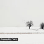 Winter Silence Canvas Art: A minimalist winter scene shows two bare trees on snow with four birds under a pale sky. “Zoomed-In Detail” text appears in the lower left, making it ideal for Nordic decor.
