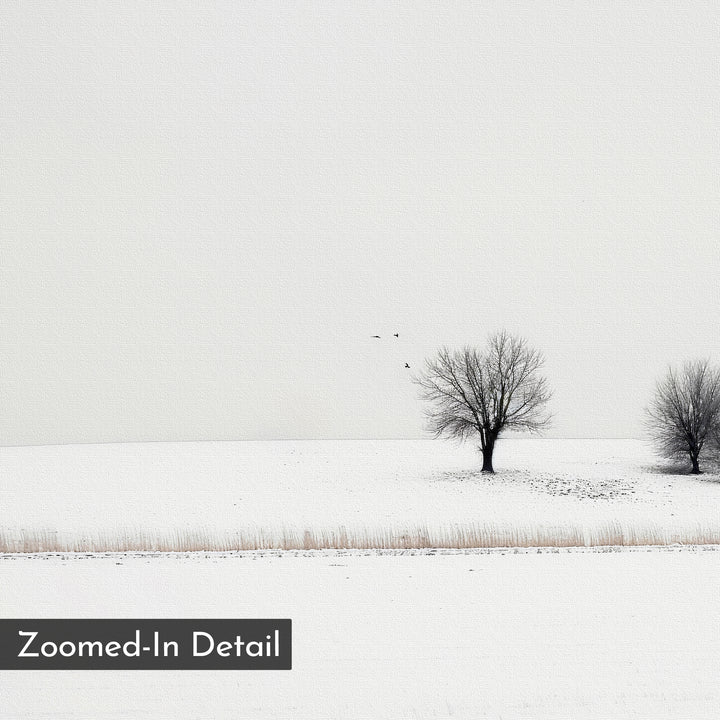 Winter Silence Canvas Art: A minimalist winter scene shows two bare trees on snow with four birds under a pale sky. “Zoomed-In Detail” text appears in the lower left, making it ideal for Nordic decor.