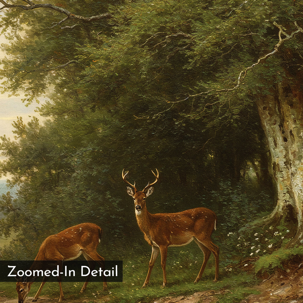Two deer stand in a sunlit forest clearing near a large tree—one grazing, one alert amid dense green foliage. The Woodland Watch Canvas Art captures every “Zoomed-In Detail,” making it perfect wall decor for nature lovers.