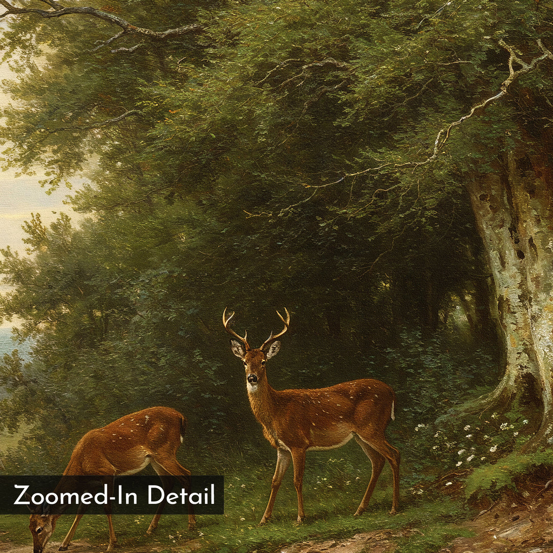 Two deer stand in a sunlit forest clearing near a large tree—one grazing, one alert amid dense green foliage. The Woodland Watch Canvas Art captures every “Zoomed-In Detail,” making it perfect wall decor for nature lovers.