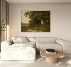A minimalist living room features a light beige sectional, wooden coffee table, and the Woodland Watch Canvas Art depicting deer in a forest. Natural light filters through sheer curtains, with a green plant in the corner—ideal for nature lovers.