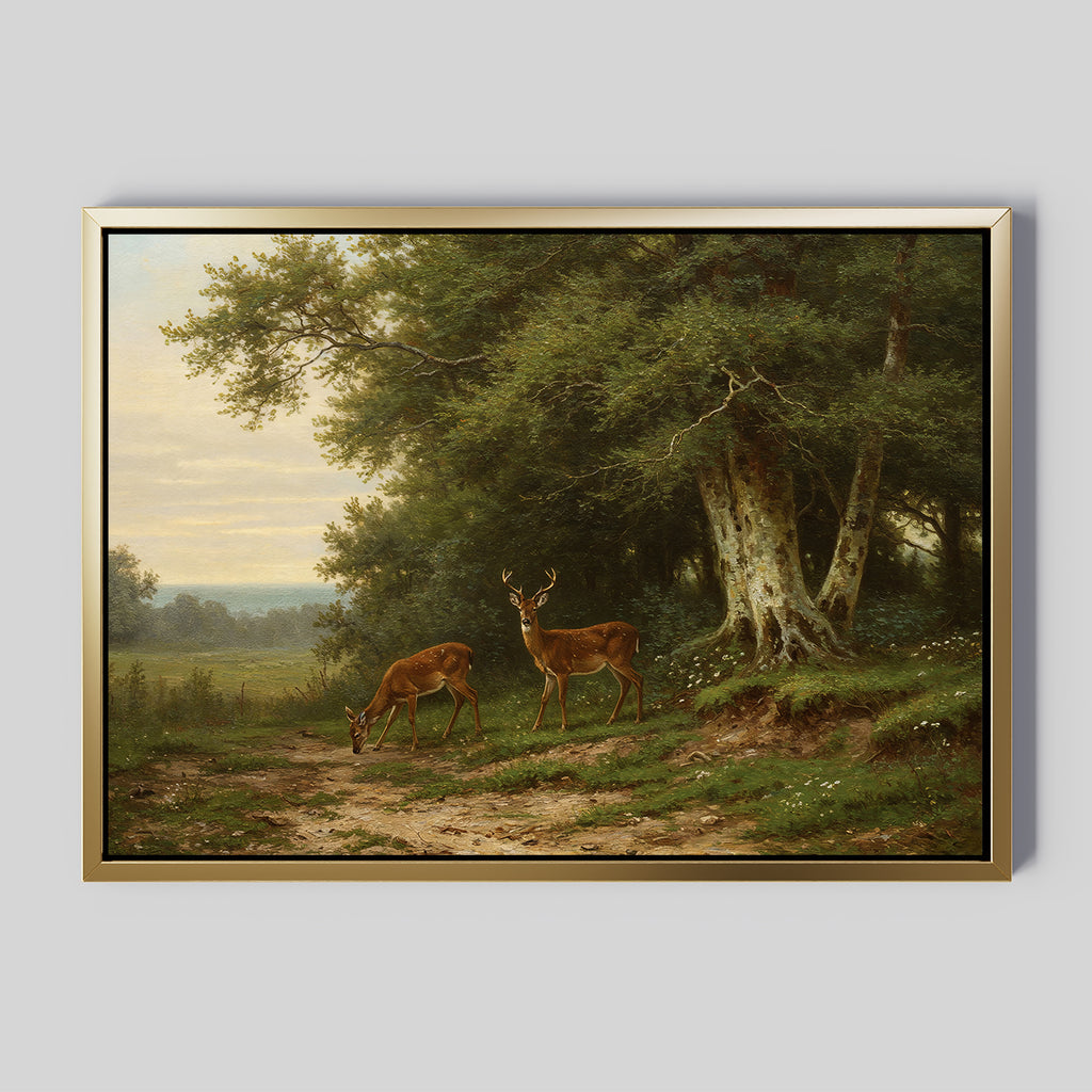 The Woodland Watch Canvas Art features two deer in a lush forest clearing—one grazing, one alert—amid trees and greenery, set beneath a partly cloudy sky; an ideal piece for nature lovers.