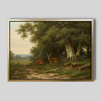 The Woodland Watch Canvas Art features two deer in a lush forest clearing—one grazing, one alert—amid trees and greenery, set beneath a partly cloudy sky; an ideal piece for nature lovers.
