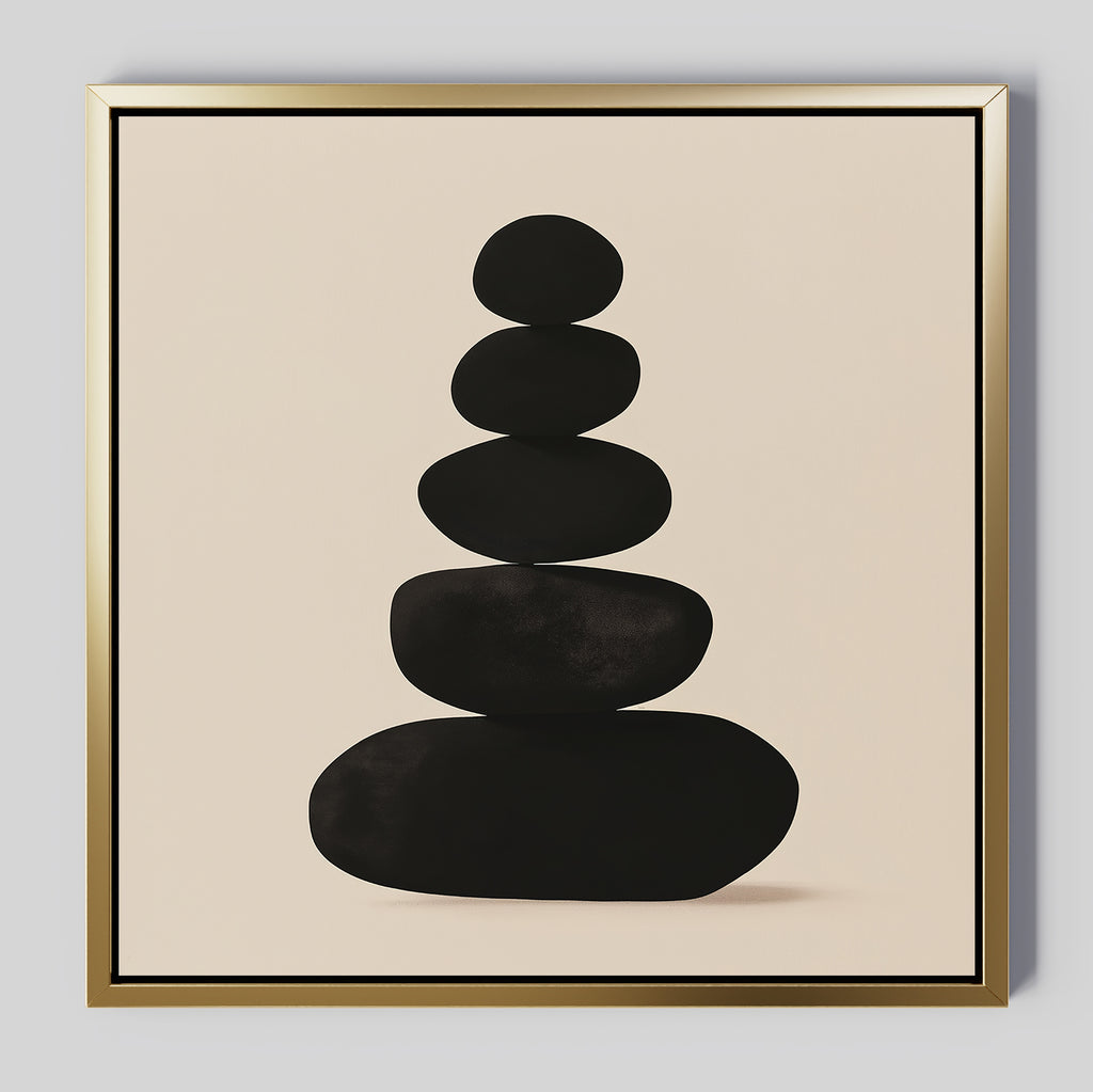 The Zen Balance Canvas Art features five black oval stones stacked on a beige background with a gold border, bringing balance and calm to your living room decor.