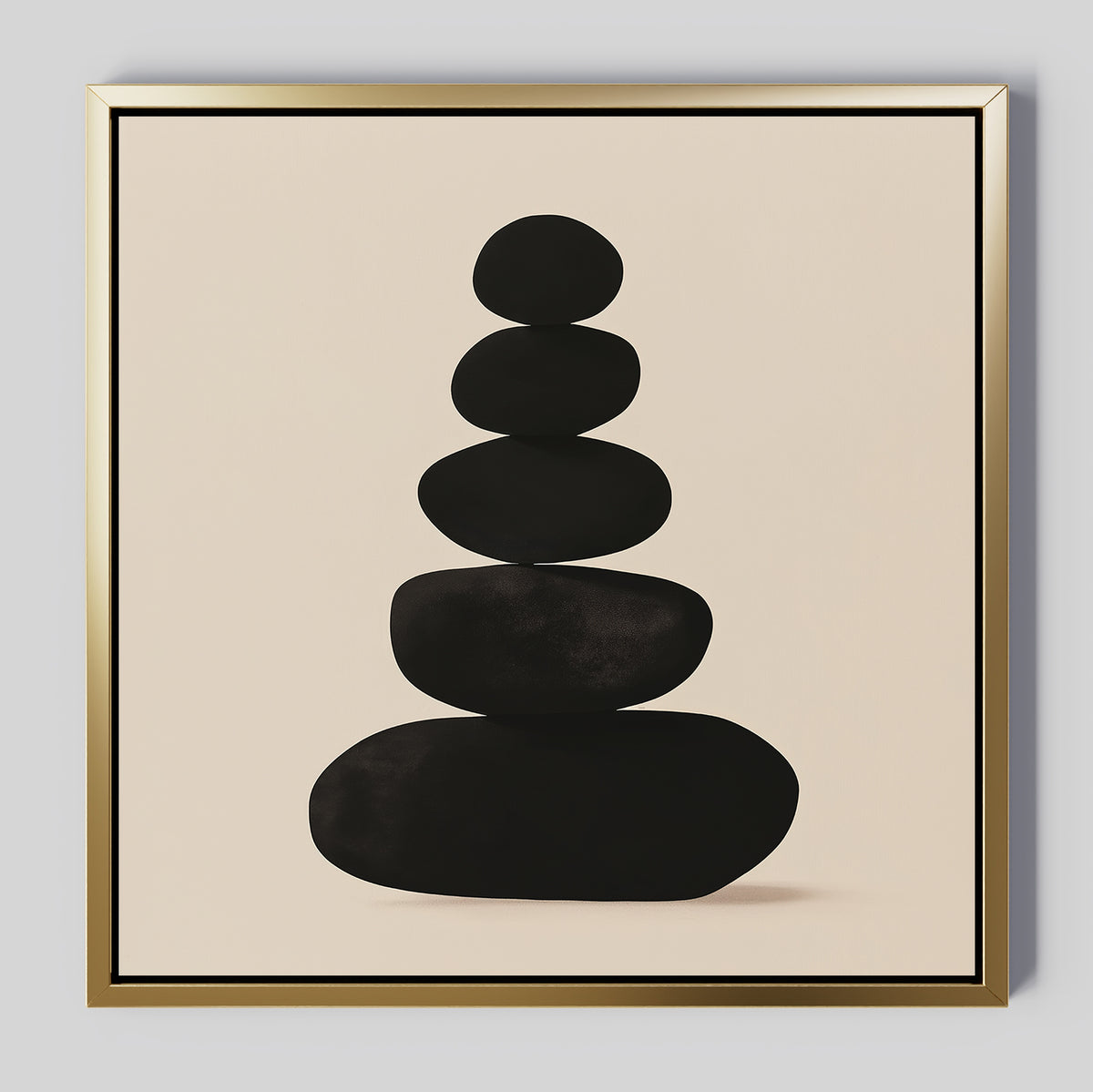 The Zen Balance Canvas Art features five black oval stones stacked on a beige background with a gold border, bringing balance and calm to your living room decor.