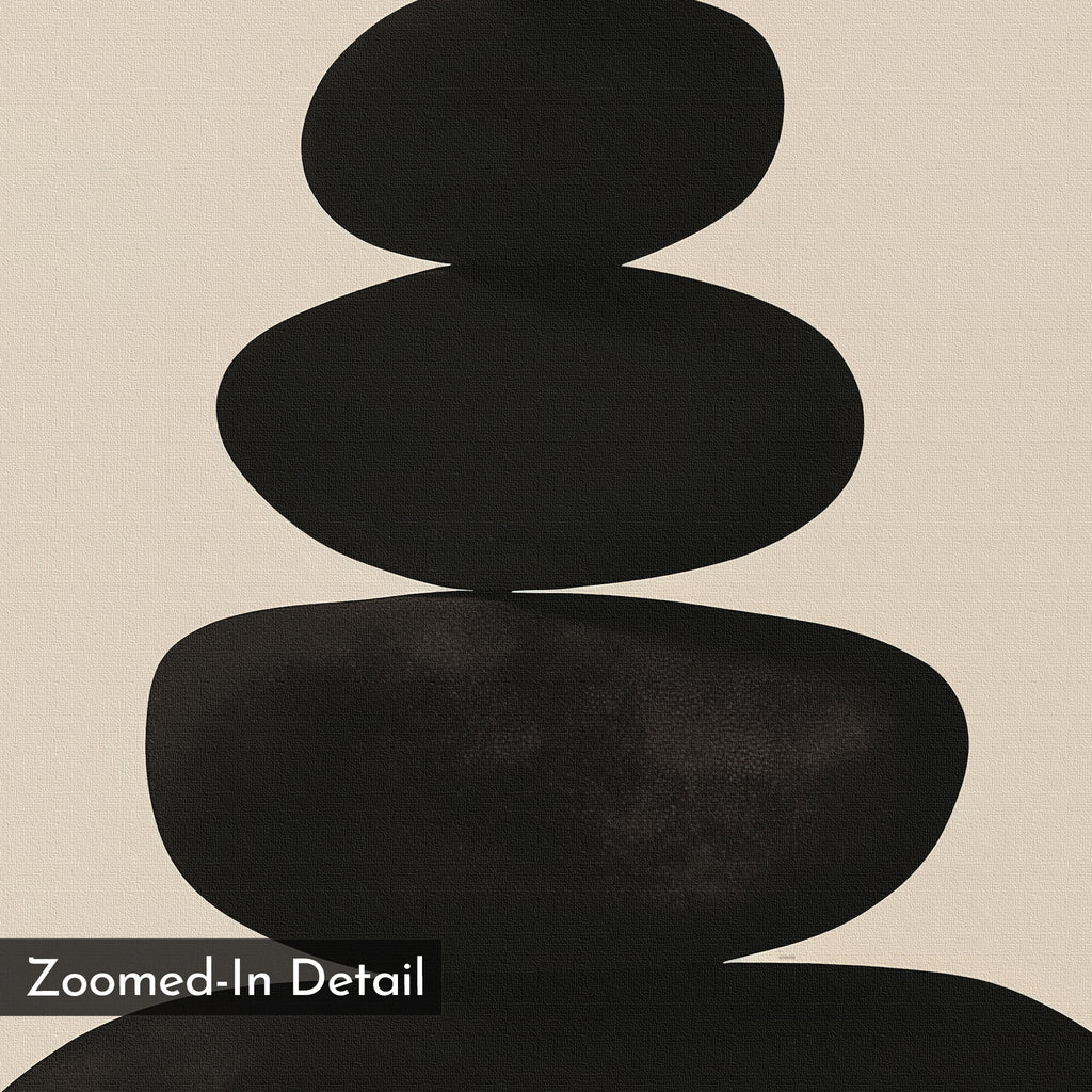 Zen Balance Canvas Art features three black, smooth, oval shapes stacked vertically on a beige background with a canvas-like texture and minimalist print style, plus a “Zoomed-In Detail” label at the bottom left.