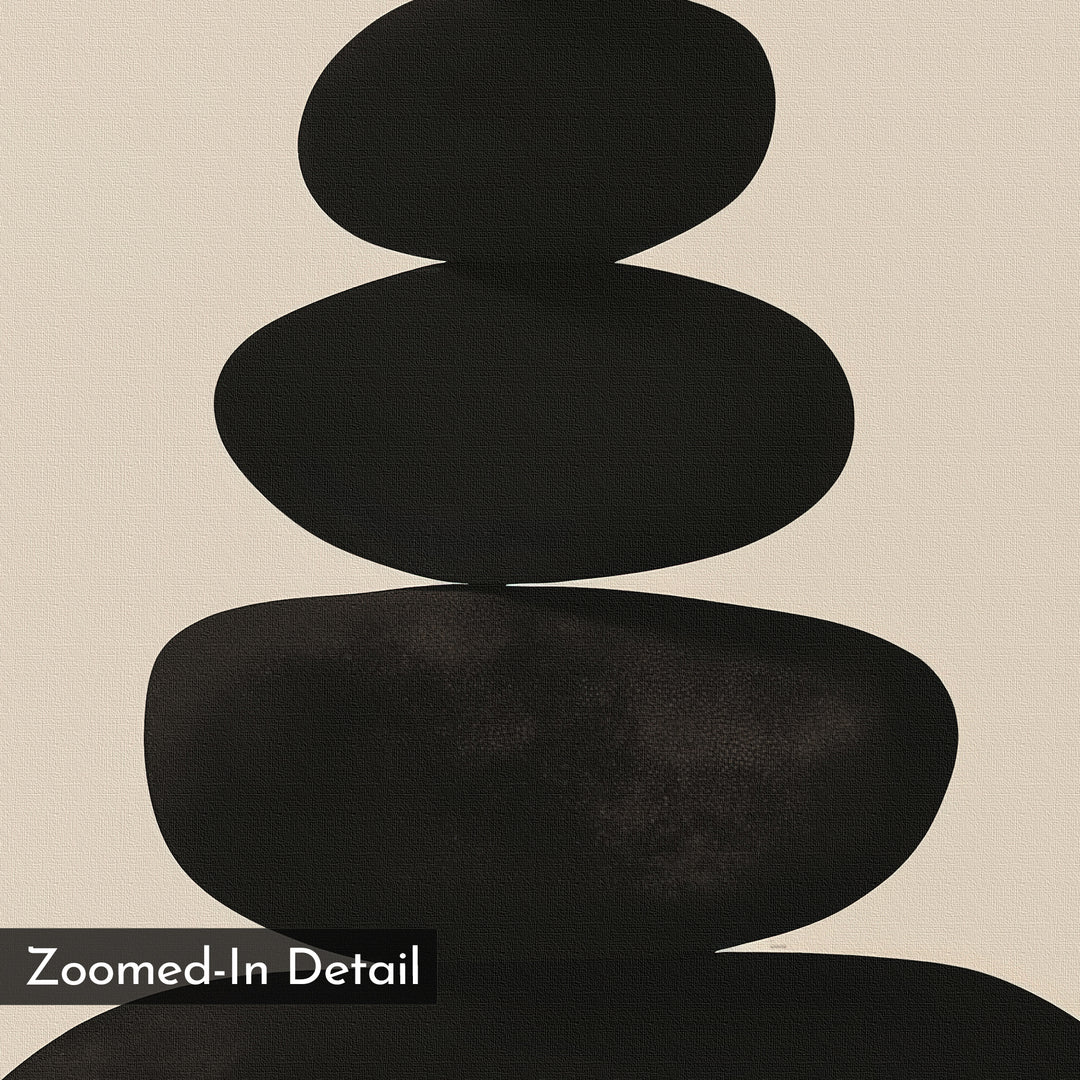 Zen Balance Canvas Art features three black, smooth, oval shapes stacked vertically on a beige background with a canvas-like texture and minimalist print style, plus a “Zoomed-In Detail” label at the bottom left.