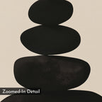 Zen Balance Canvas Art features three black, smooth, oval shapes stacked vertically on a beige background with a canvas-like texture and minimalist print style, plus a “Zoomed-In Detail” label at the bottom left.