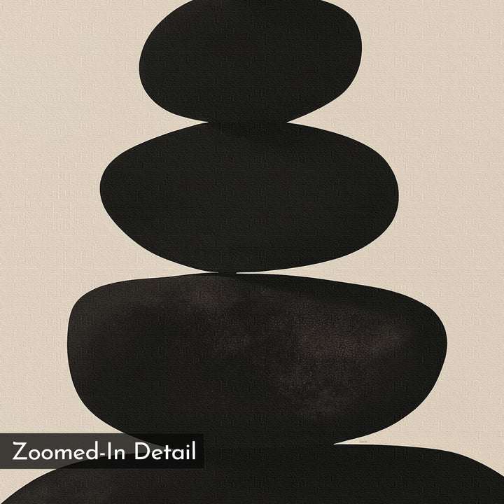 Zen Balance Canvas Art features three black, smooth, oval shapes stacked vertically on a beige background with a canvas-like texture and minimalist print style, plus a “Zoomed-In Detail” label at the bottom left.