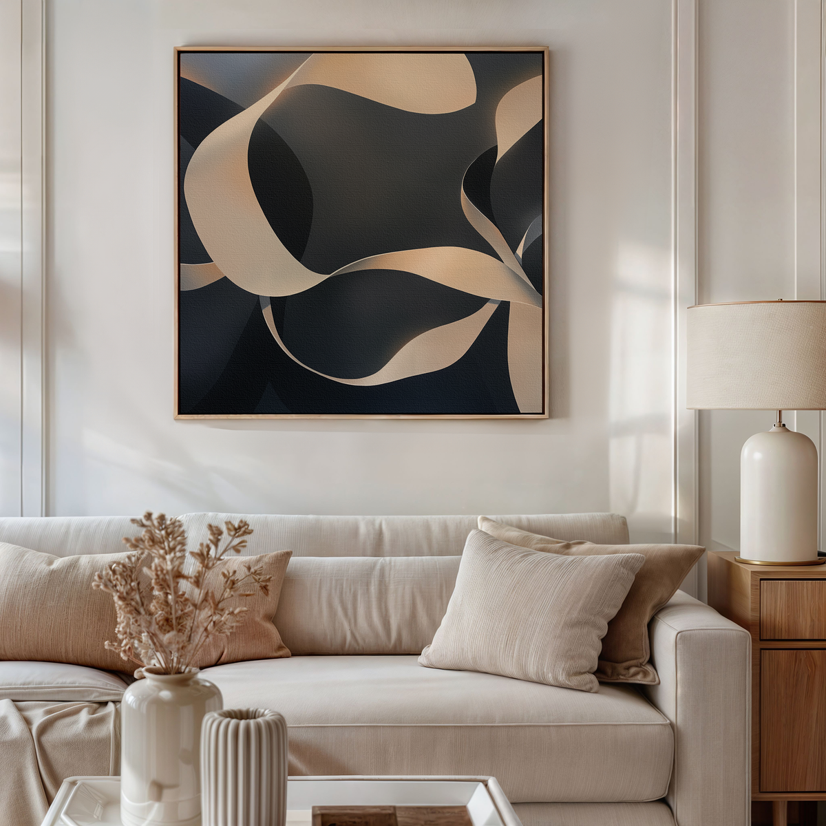 A modern living room with a beige sofa, neutral cushions, a side table with a lamp, dried flowers in a vase, and the Quiet Division Abstract Canvas Art featuring flowing shapes in black, beige, and cream tones for modern elegance.