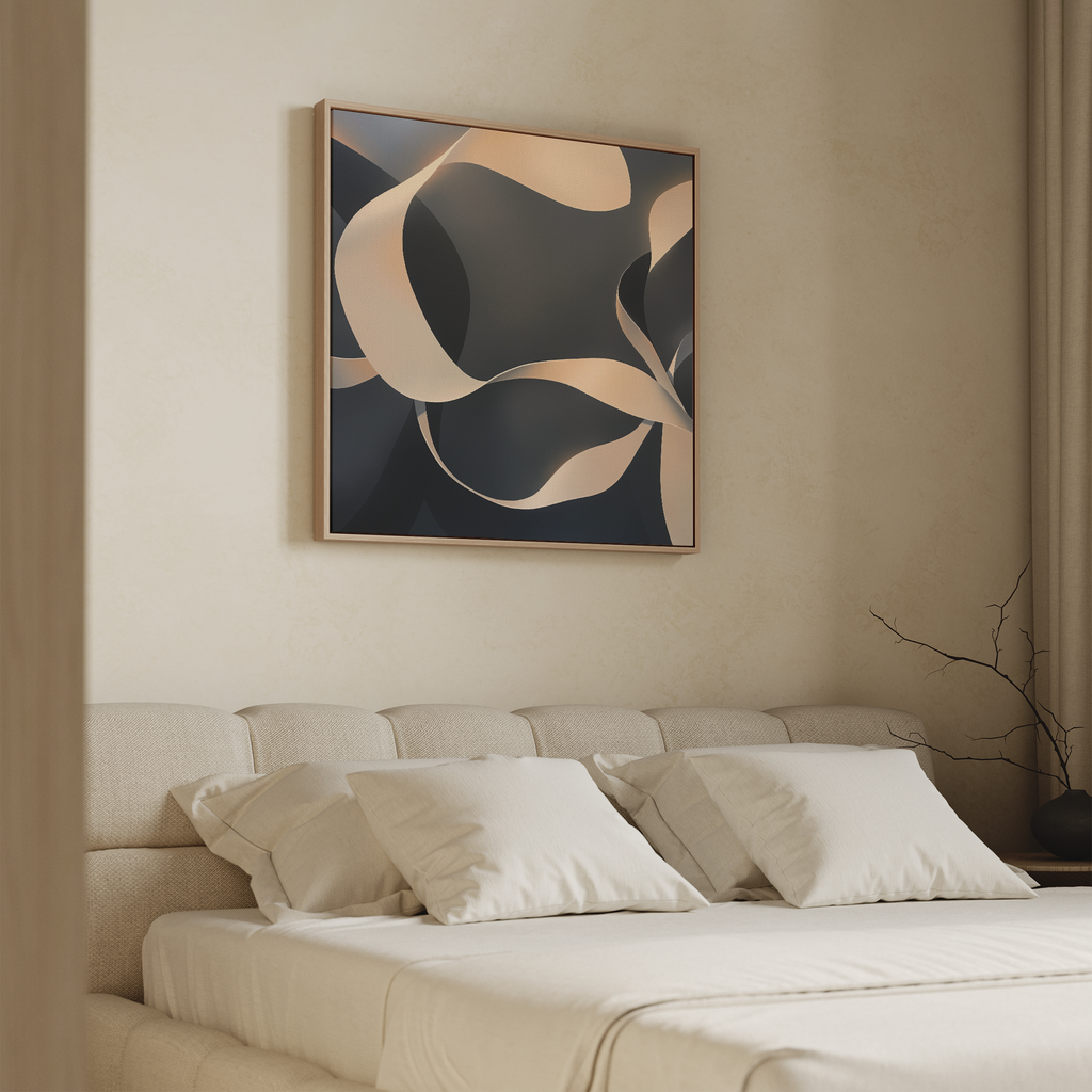 A modern bedroom features a beige bed, white pillows, and the Quiet Division Abstract Canvas Art in blue, black, and beige above the headboard. A minimalist branch on the bedside table enhances the room’s modern elegance.