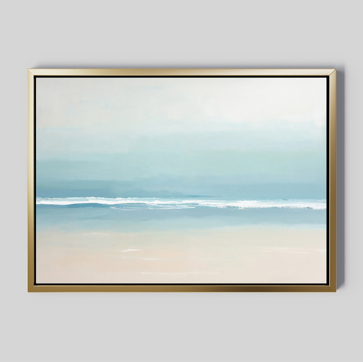 The Airy Shore Canvas Art - Horizontal features a minimalist abstract seascape in soft blue, beige, and white tones with a gold frame, creating a tranquil coastal vibe and evoking the gentle calm of ocean waves.